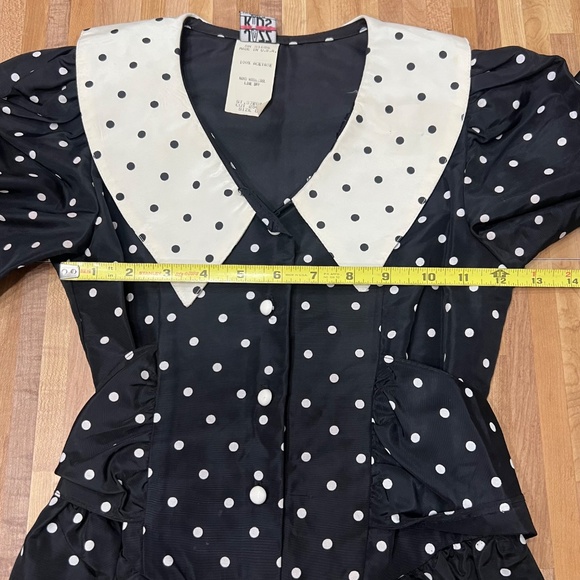 Vintage 80s Jazz Kids Black & White Polka Dot Dress Peplum Bow Puff Sleeve Size - Picture 10 of 12